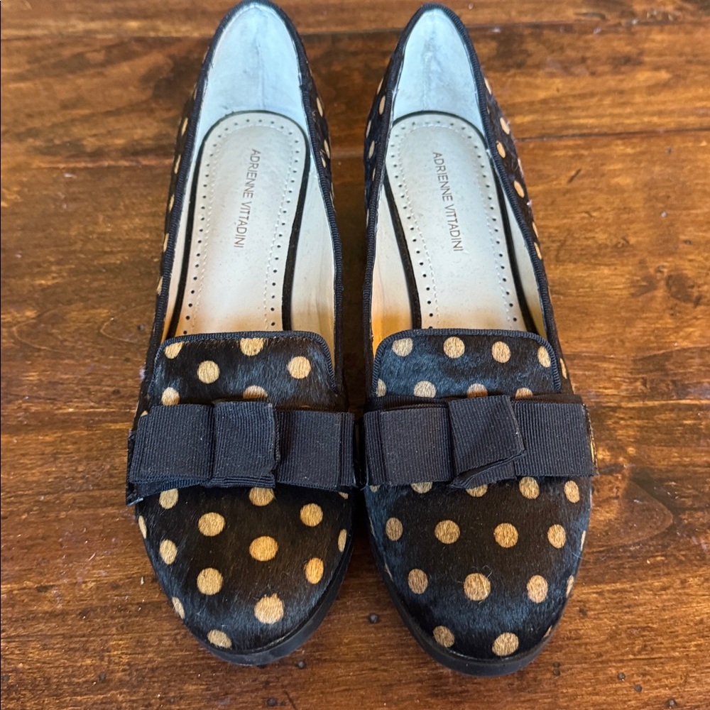 Adrienne Vittadini Black Calf Hair Loafers with Gold Dots